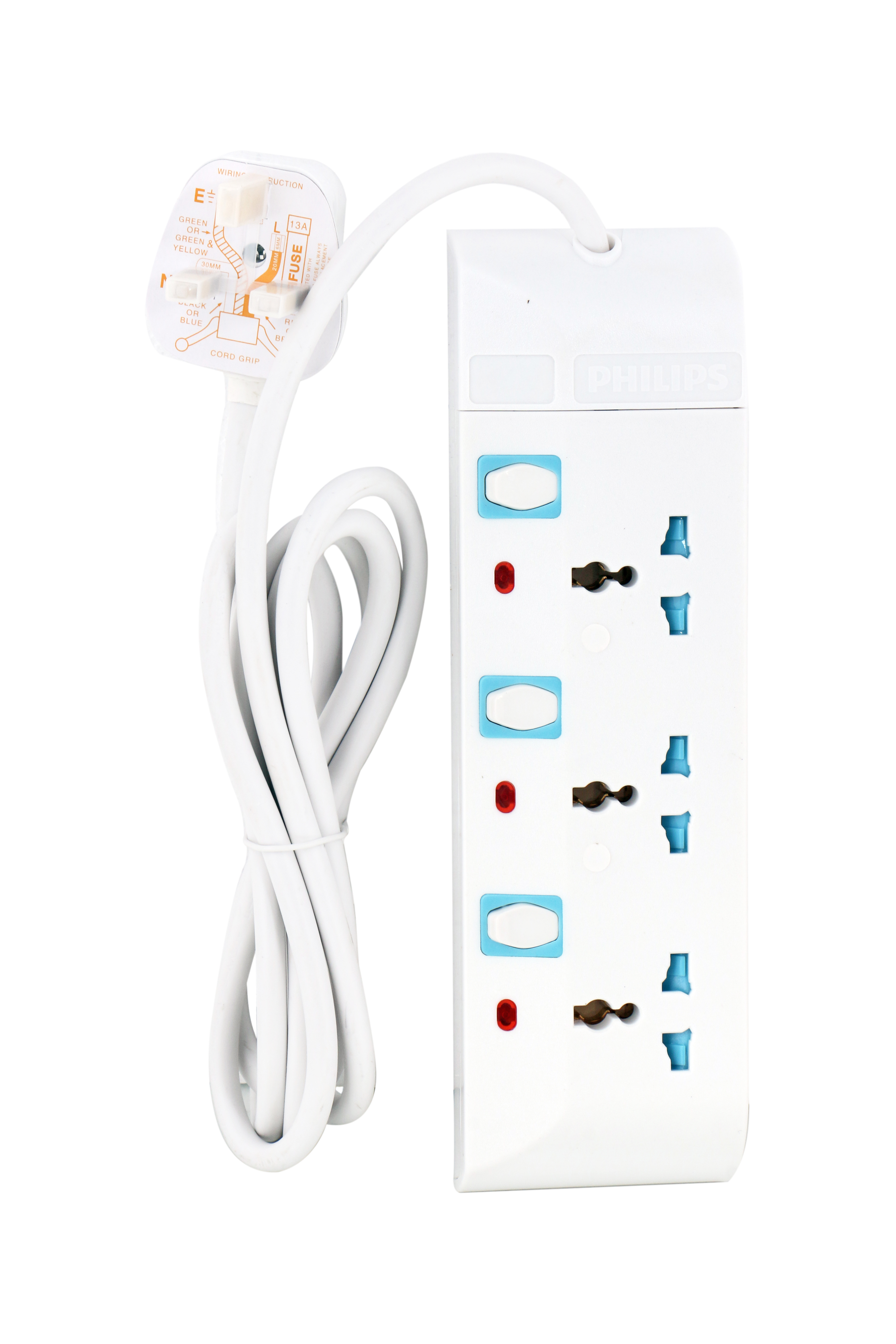 3 Universal outlets with individual switch 2 Meter cord extension socket | indicator Lights | Child Safety Shutters | Fire-resistant materials | BS Plug | 3250W | ESMA Certified