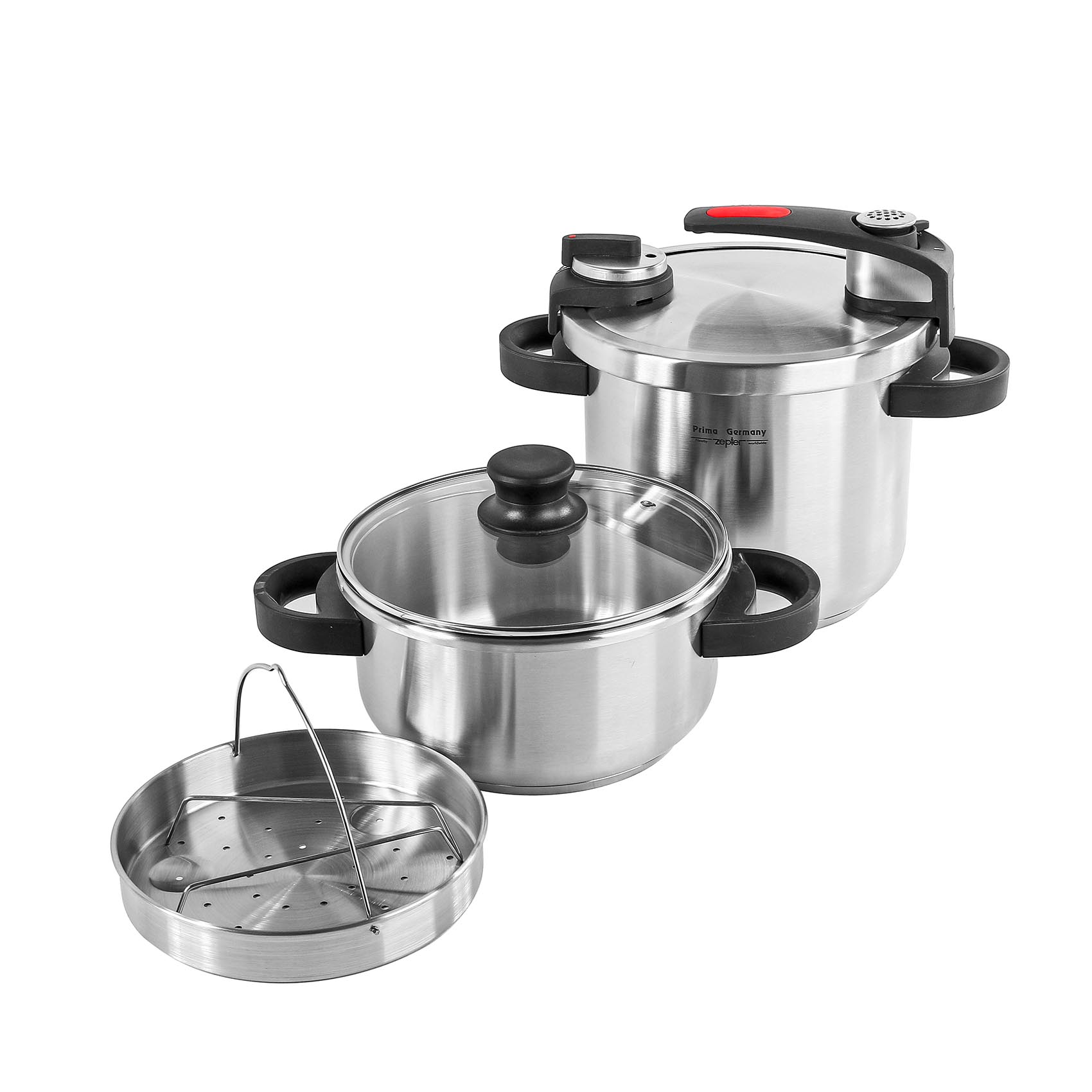 PRIMA Smart Pressure Cooker Stainless Steel 7Ltr + 4Ltr Cooking Pot with Glass Lid + Steam plate DSA-5 4+7L