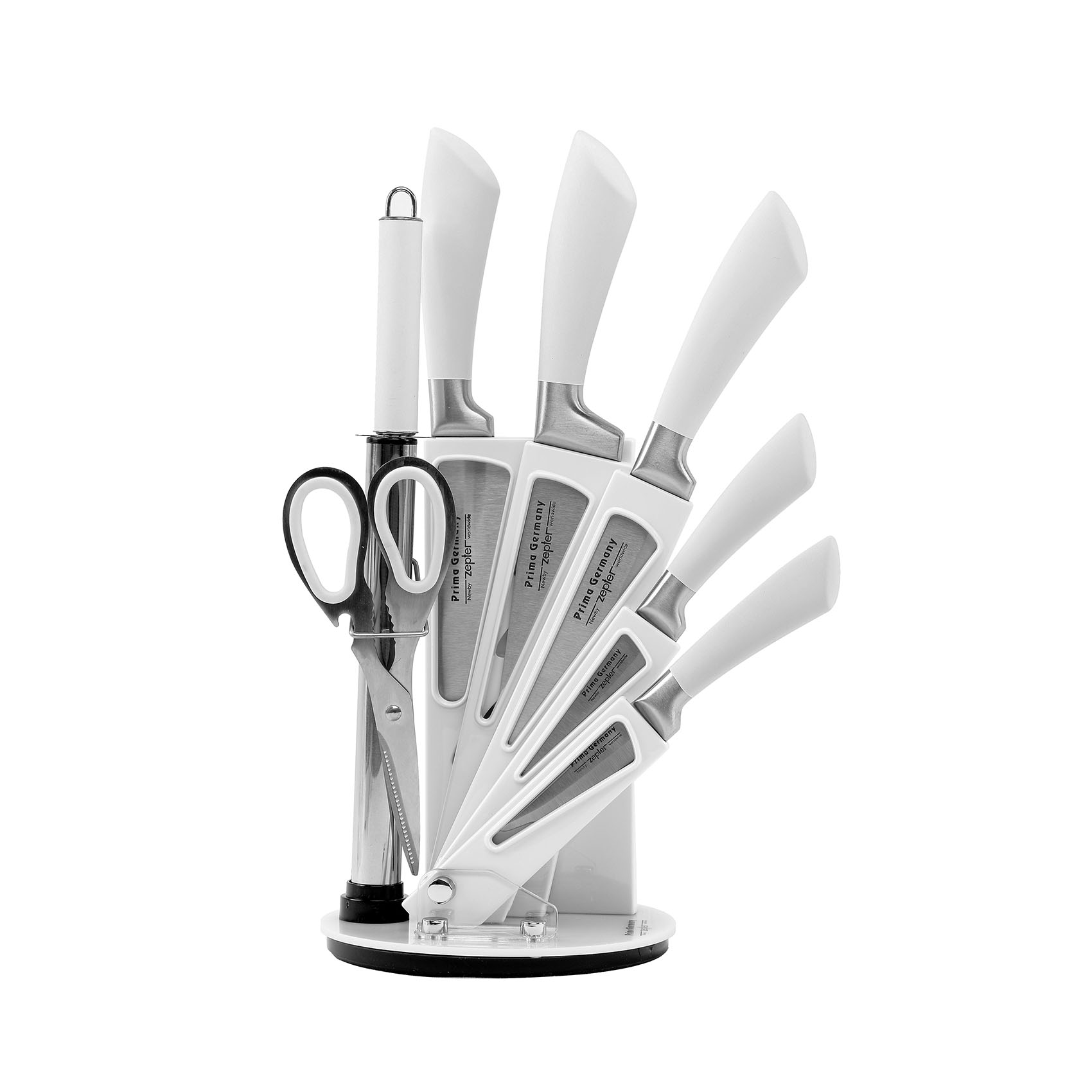 PRIMA 8pcs Knife Set with Rotating Holder stand -Stainless Steel 5 Kitchen Knives along with Scissor and Knife Sharpener and 360 ROTATING HOLDER- WHITE HANDLE KNF-4