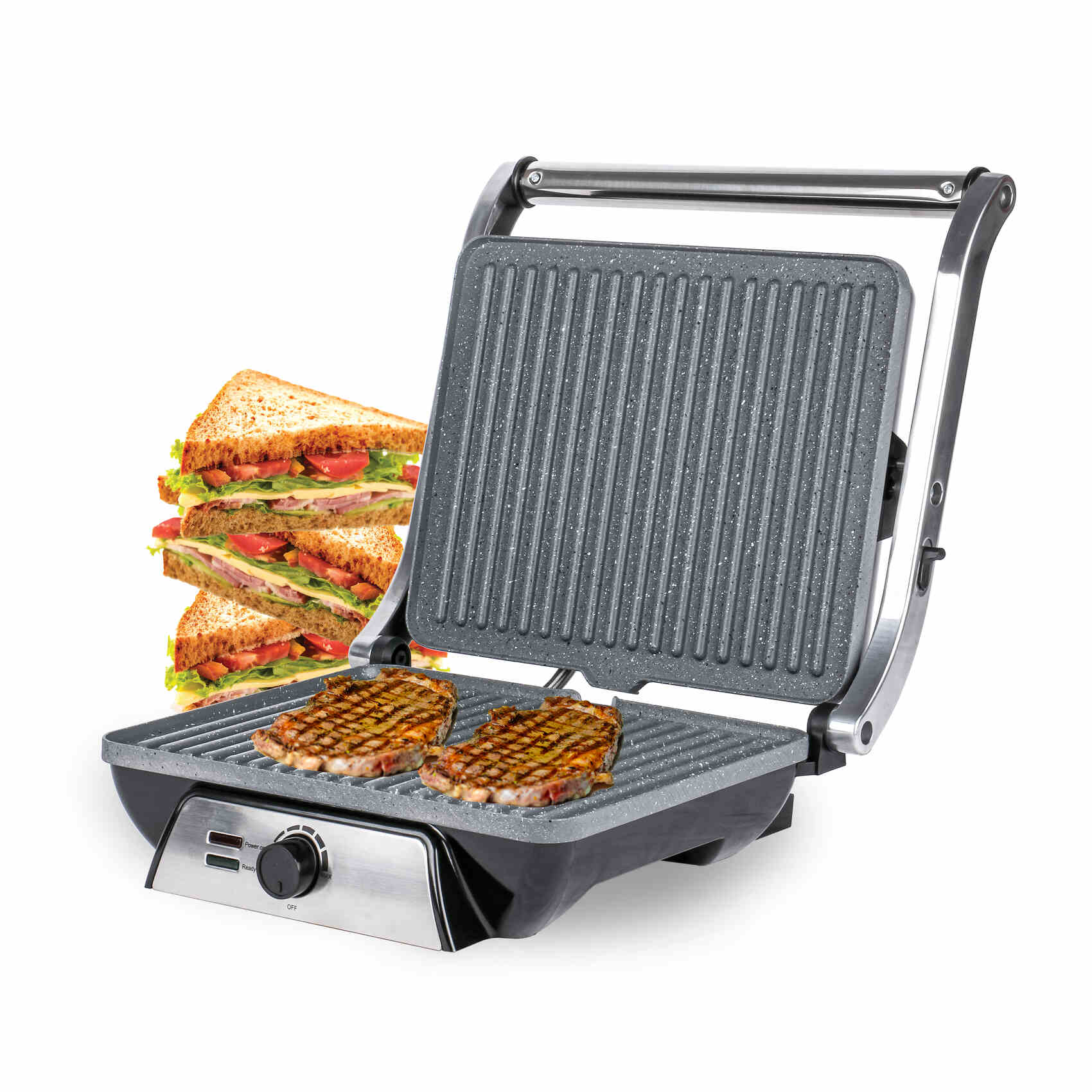 PRIMA ELECTRIC GRILL  2000W | 4 SLICE ELECTRIC GRILL | FULL METAL HANDLE | OIL CONTAINER | 180 OPEN DEGREE | ADJUSTABLE TEMPERATURE CONTROL GR-02