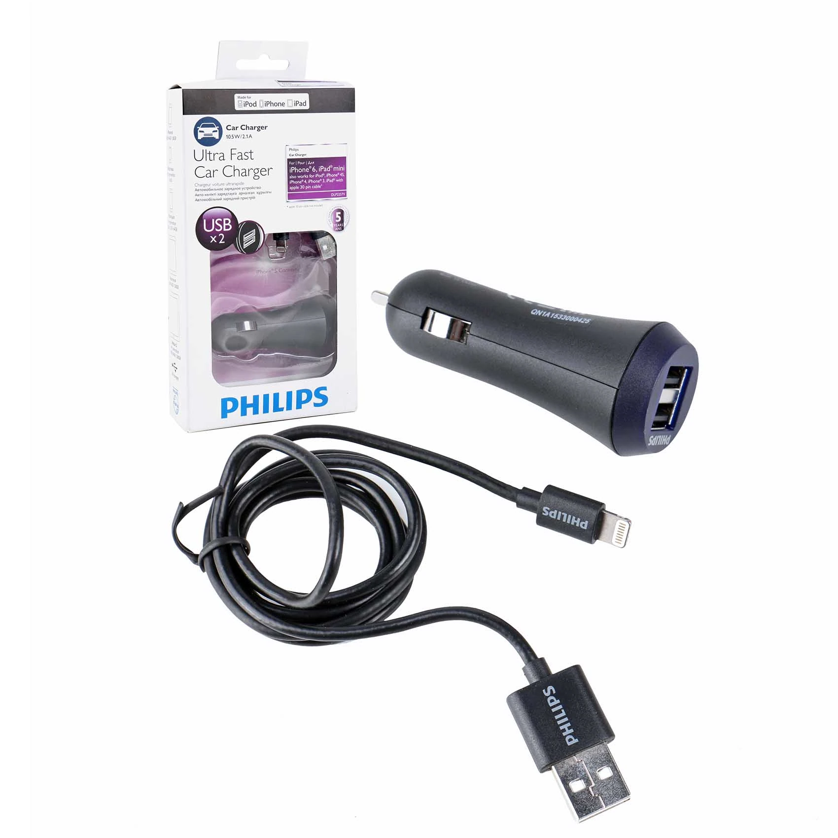 PHILIPS ULTRA FAST UNIVERSAL CAR CHARGER 2 USB PLUG WITH IPHONE CHARGING CABLE 10.5W-2.1A  IPHONE CABLE Lightning Cable DLP2257V-10 2553U-97