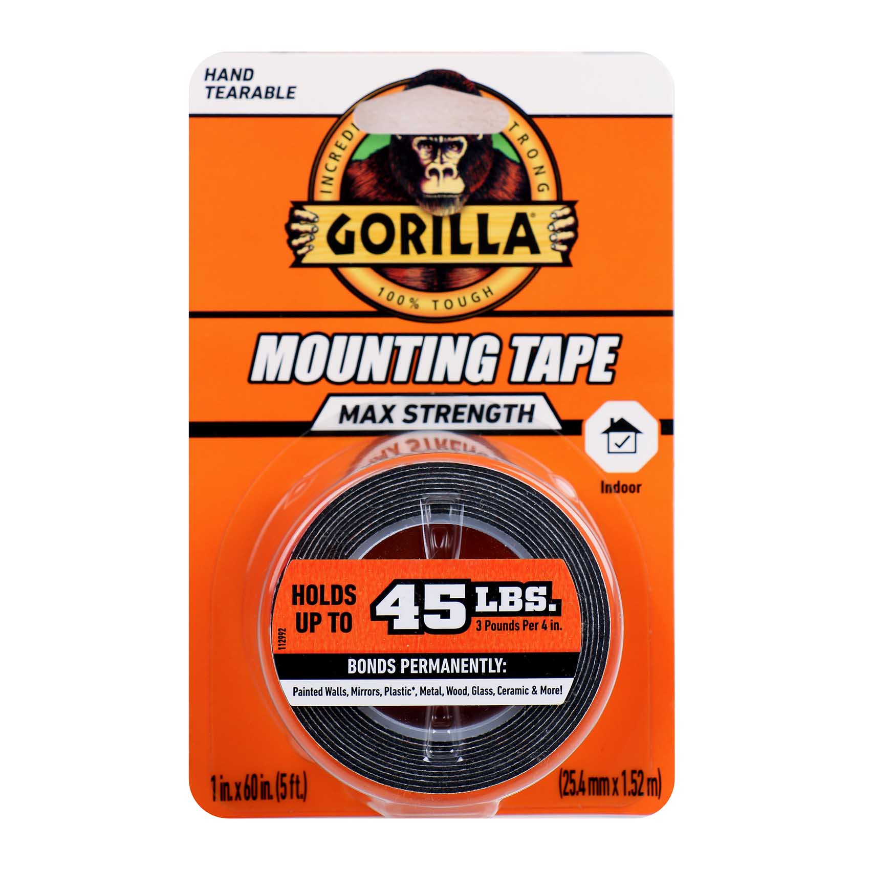 GORILLA 1" x 60" HEAVY DUTY MOUNTING TAPE MAX STRENGTH PERMANENT 112961 | DOUBLE-SIDED ADHESIVE TAPE | WORKS WELL AS A CLOCK, PICTURE FRAME OR MIRROR MOUNTING TAPE | USE INDOORS | MADE IN USA