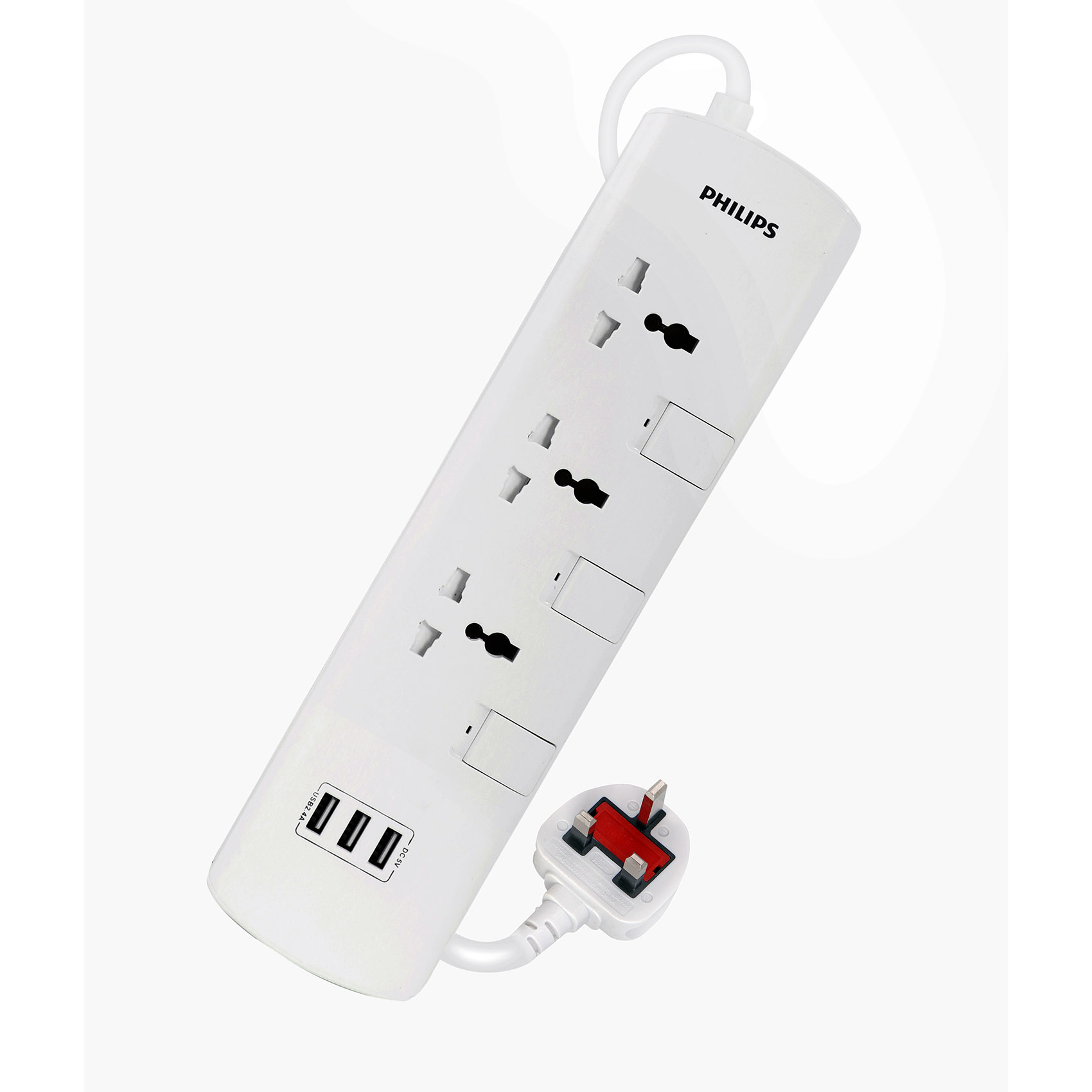 PHILIPS 3WAY 2M 3USB POWER EXTENSION SPN3134WA/56 WITH 4 OUTLETS, 2 METER CABLE, 3 USB, SAFETY SHUTTERS AND INDIVIDUAL SWITCHS | CHILD SAFETY SHUTTERS | 750C MAXIMUM FIREPROOF TEST TEMPERATURE | BS PLUG | ESMA CERTIFIED