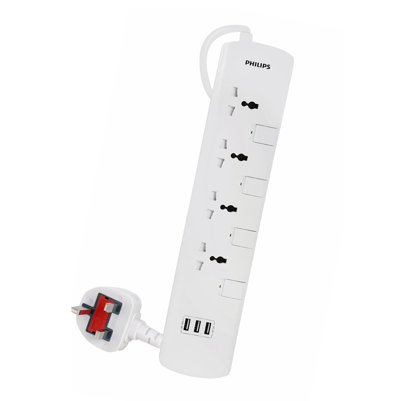 PHILIPS 4WAY 2M 3USB POWER EXTENSION SPN3144WA/56 WITH 4 OUTLETS, 2 METER CABLE, 3 USB, SAFETY SHUTTERS AND INDIVIDUAL SWITCHS | CHILD SAFETY SHUTTERS | 750C MAXIMUM FIREPROOF TEST TEMPERATURE | BS PLUG | ESMA CERTIFIED