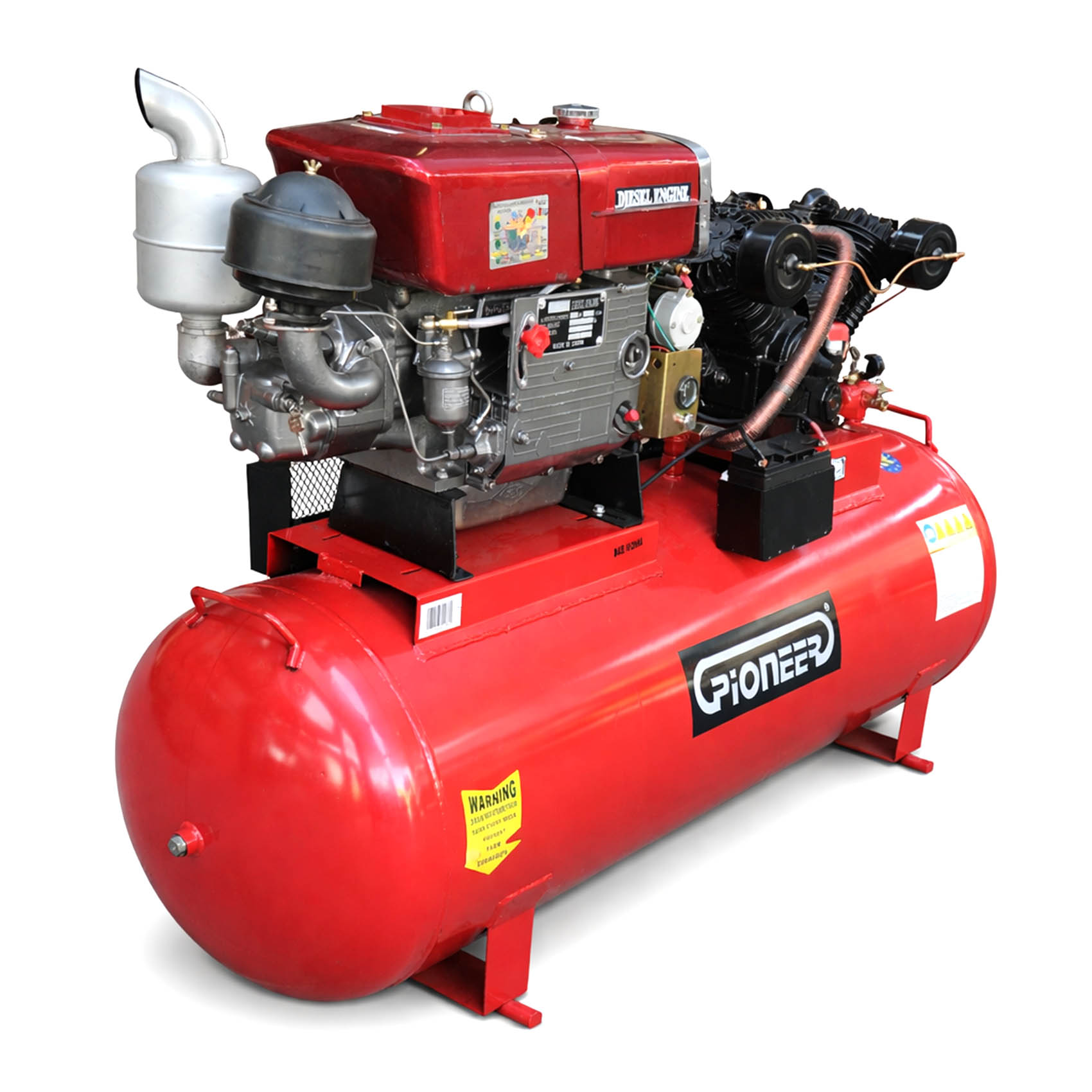 PIONEER 500L 14HP DIESEL AIR COMPRESSOR DAC500 BELT DRIVEN | 12.5 BAR | 1050 L/MIN | 2200 R/MIN | SINGLE-CYLINDER, FOUR-STORKE, WATER-EVAPORATIVE, HORIZONTAL TYPE WITH SWIRL COMBUSTION CHAMBER | CONSTRUCTION, GARAGE, INDUSTRIAL, WORKSHOP