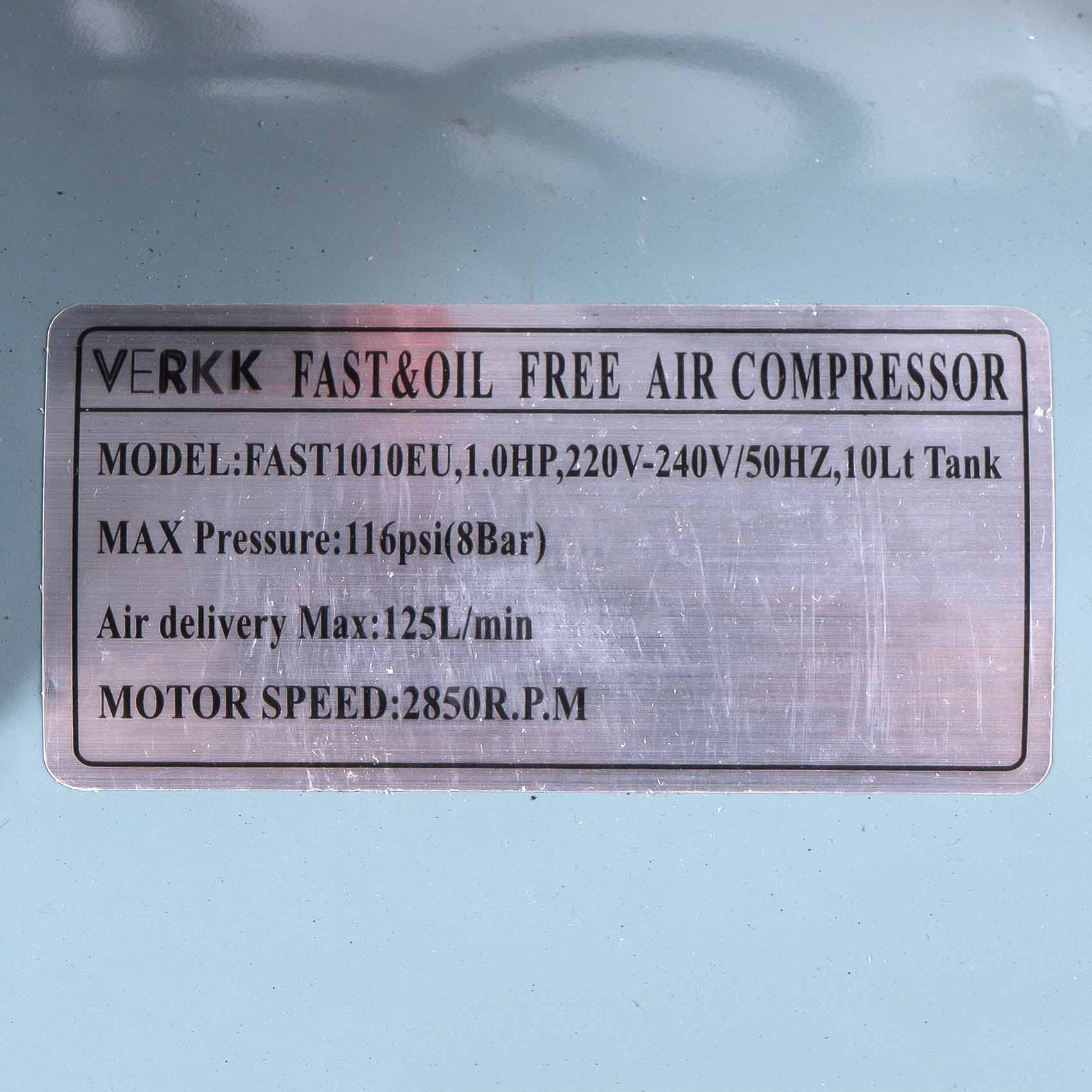 VERKK FAST1010EU ELECTRIC FAST OIL-FREE AIR COMPRESSOR 1.0HP 10L TANK 220-240V 50HZ 116PSI 8BAR MAX PRESSURE6295123352417_367.jpg