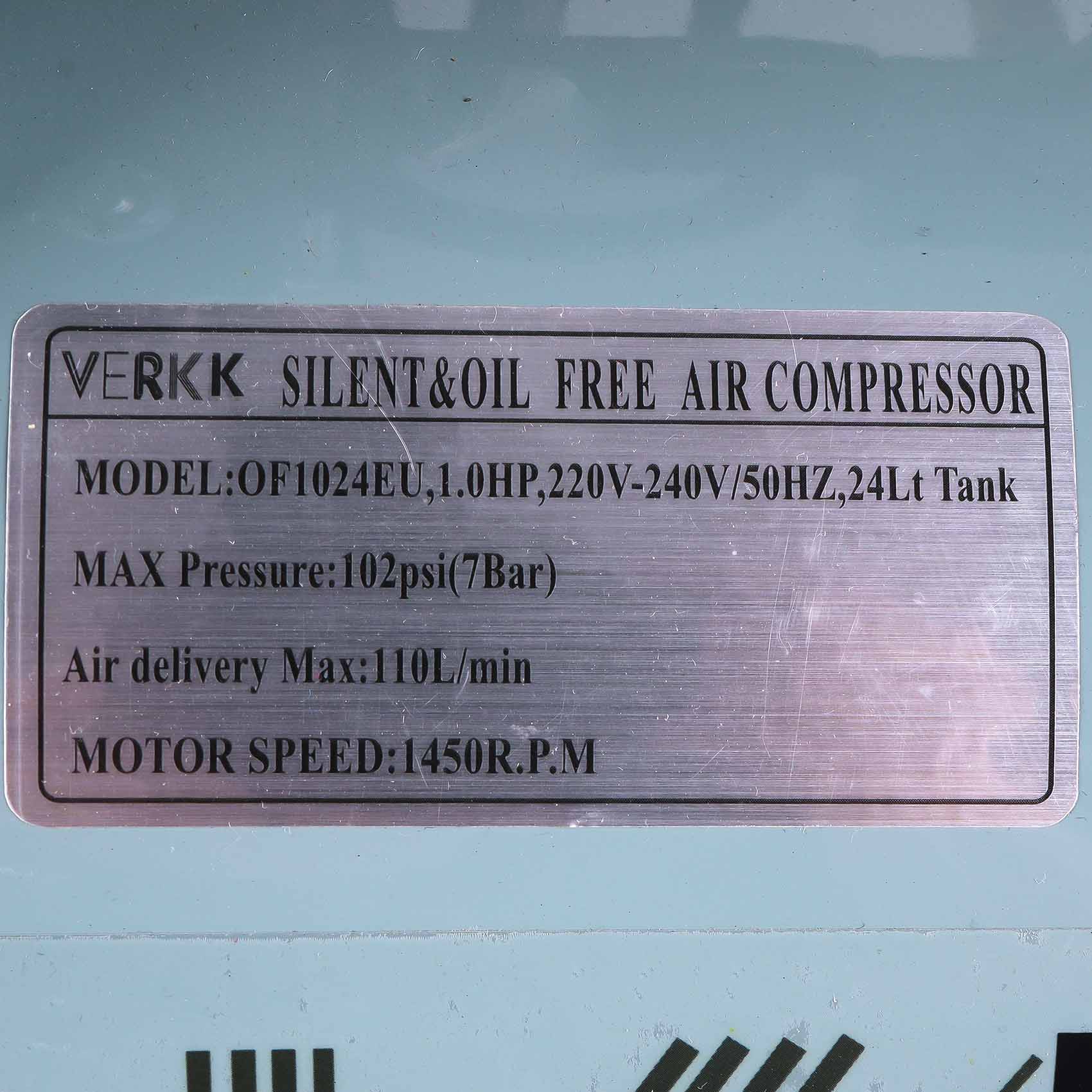 VERKK OF1024EU ELECTRIC SILENT OIL-FREE AIR COMPRESSOR 1.0HP 24L TANK 220-240V 50HZ 102PSI 7BAR MAX PRESSURE6295123352424_606.jpg