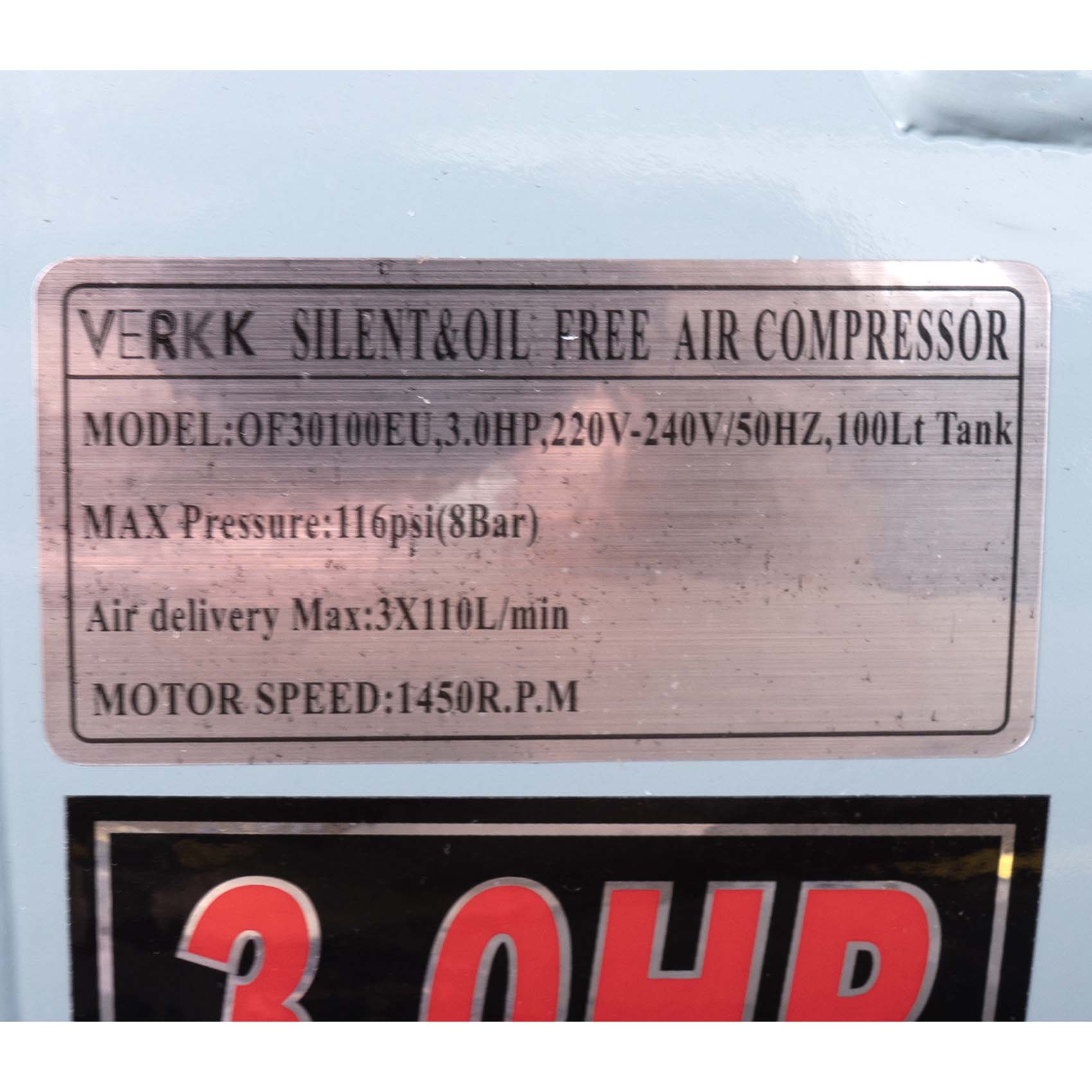 VERKK OF30100EU ELECTRIC SILENT OIL-FREE AIR COMPRESSOR 3.0HP 100L TANK 220-240V 50HZ 116PSI 8BAR MAX PRESSURE6295123352448_633.jpg
