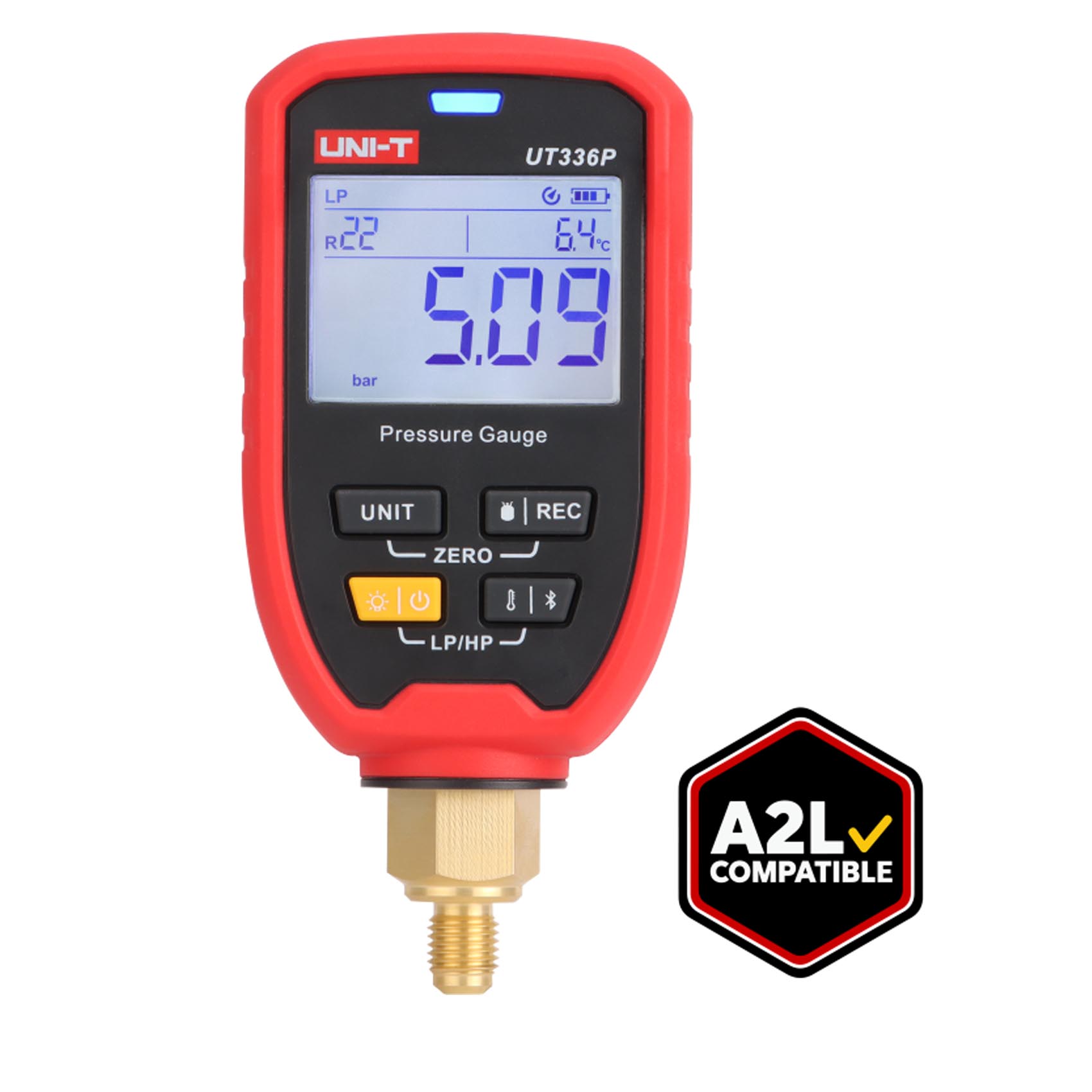 UNI-T WIRELESS PRESSURE GAUGES WITH TEMPERATURE KIT UT336P | HOOK DESIGN FOR EASY FIXING | FREE BLUETOOTH APP CONNECTION | COMPATIBLE WITH A1 / A2L / A2 / A3 AND PART OF B1 REFRIGERANTS