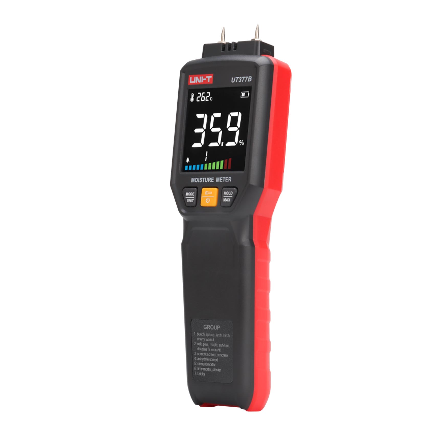 UNI-T PIN MOISTURE METER UT377B | LCD SCREEN FOR CLEAR AND INTUITIVE MOISTURE CONTENT READINGS | MULTIPLE WOOD SPECIES SELECTIONS AND BUILDING MATERIAL OPTIONS | ENVIRONMENTAL TEMPERATURE COMPENSATION
