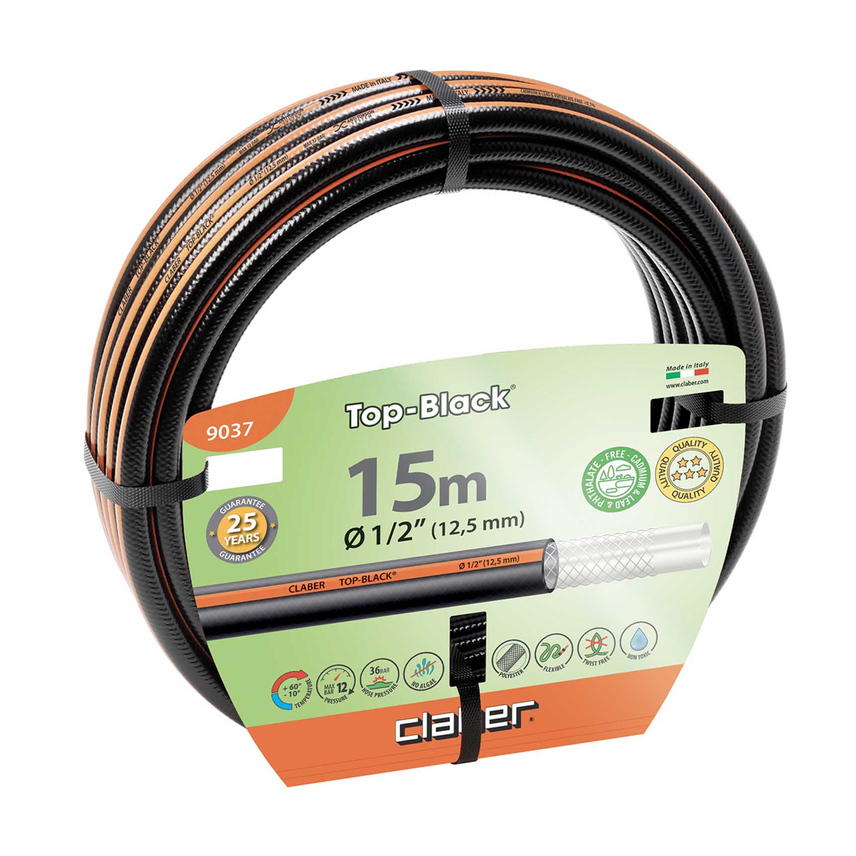 CLABER 1/2" TOP BLACK HOSE 15M 9037 | GARDEN - PLANTING - AGRICULTURE - WATERING | MADE IN ITALY